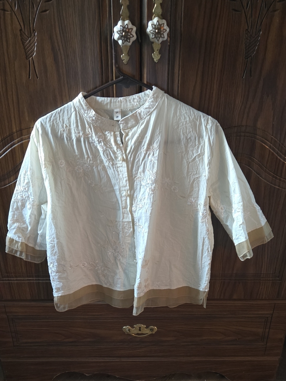 White Embroidered Women’s Tunic with Contrast Tan Trim